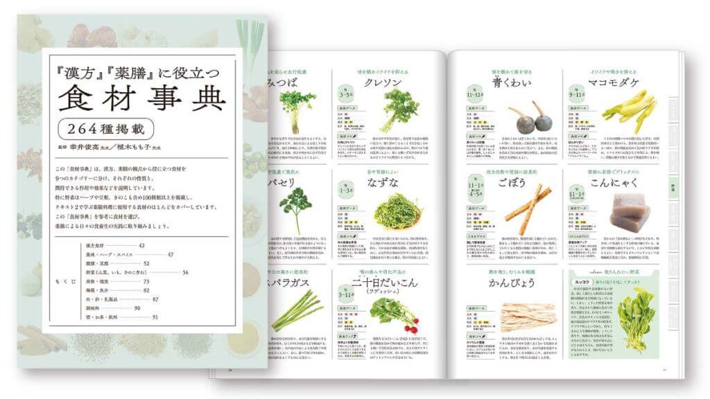 菜食薬膳講座に付録する食材辞典の表紙と見開きページ
